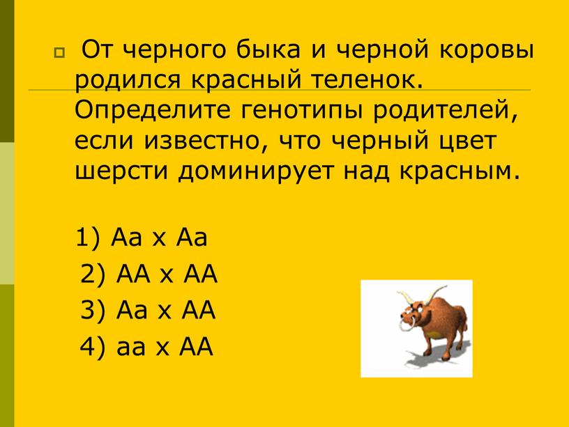 От черного быка и черной коровы родился красный теленок