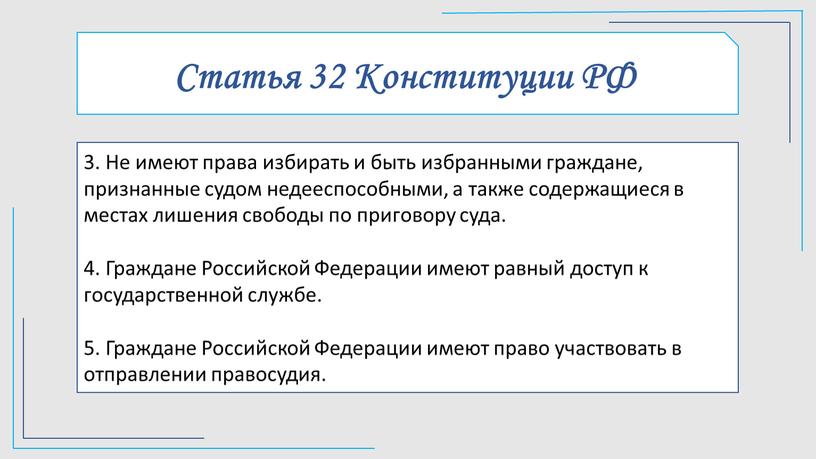 Статья 32 Конституции РФ 3. Не имеют права избирать и быть избранными граждане, признанные судом недееспособными, а также содержащиеся в местах лишения свободы по приговору…