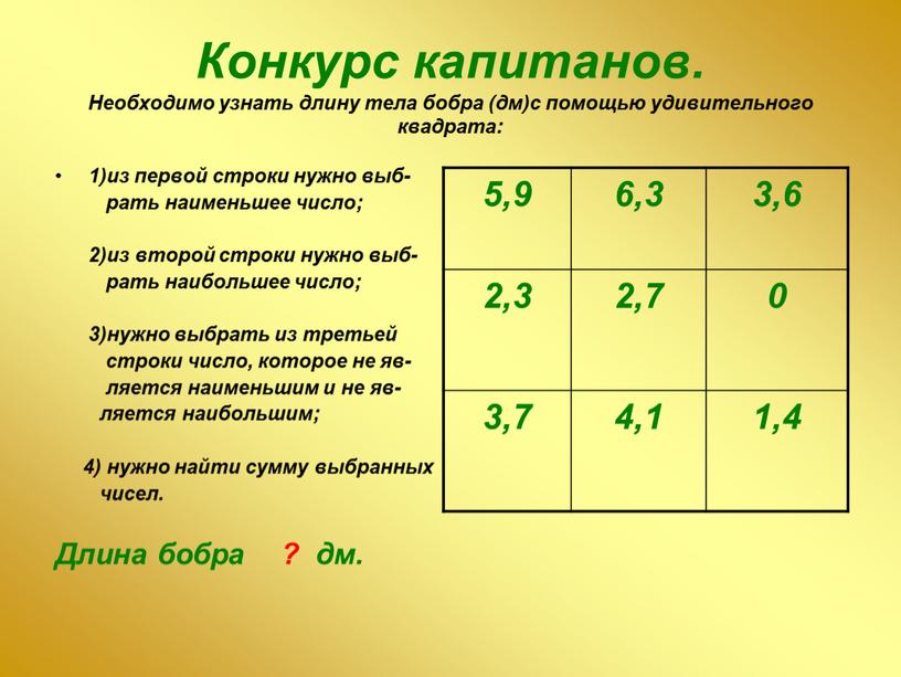 Конкурс капитанов. Необходимо узнать длину тела бобра (дм)с помощью удивительного квадрата: 1)из первой строки нужно выб- рать наименьшее число; 2)из второй строки нужно выб- рать…