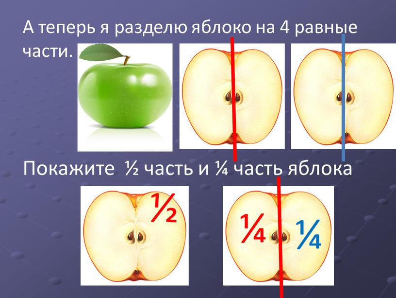 А теперь я разделю яблоко на 4 равные части