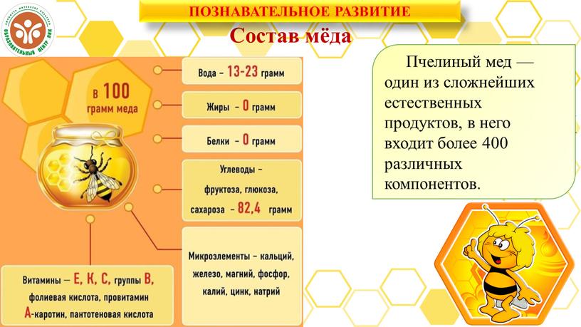 Состав мёда Пчелиный мед — один из сложнейших естественных продуктов, в него входит более 400 различных компонентов