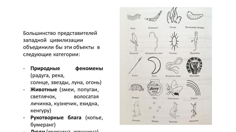 Большинство представителей западной цивилизации объединили бы эти объекты в следующие категории: