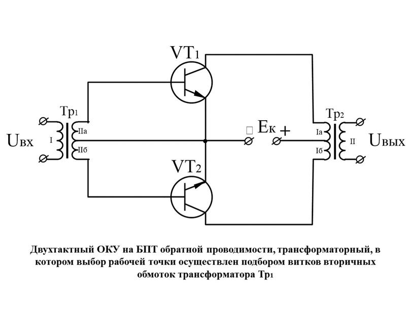 Двухтактный ОКУ на БПТ обратной проводимости, трансформаторный, в котором выбор рабочей точки осуществлен подбором витков вторичных обмоток трансформатора