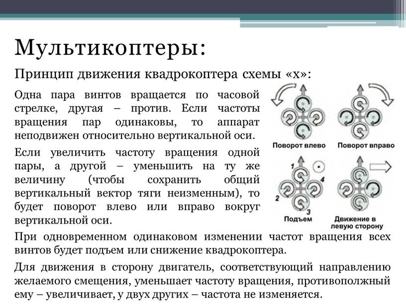 Мультикоптеры: Принцип движения квадрокоптера схемы «х»: