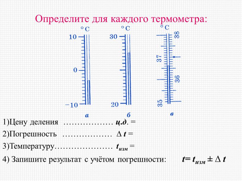 Определите для каждого термометра: 1)Цену деления ……………… ц