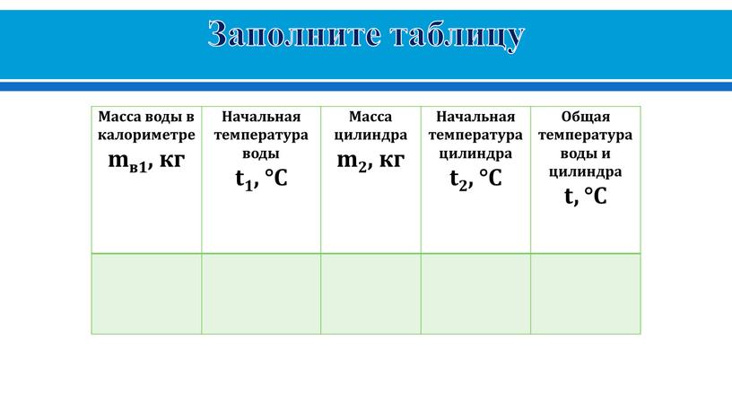 Заполните таблицу Масса воды в калориметре mв1, кг