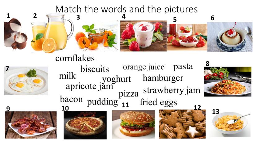 Match the words and the pictures orange juice milk strawberry jam apricote jam yoghurt bacon pizza hamburger biscuits cornflakes pudding fried eggs pasta 1 2…