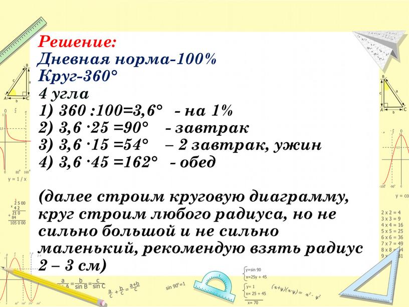 Решение: Дневная норма-100% Круг-360° 4 угла 1) 360 :100=3,6° - на 1% 2) 3,6 ∙25 =90° - завтрак 3) 3,6 ∙15 =54° – 2 завтрак,…