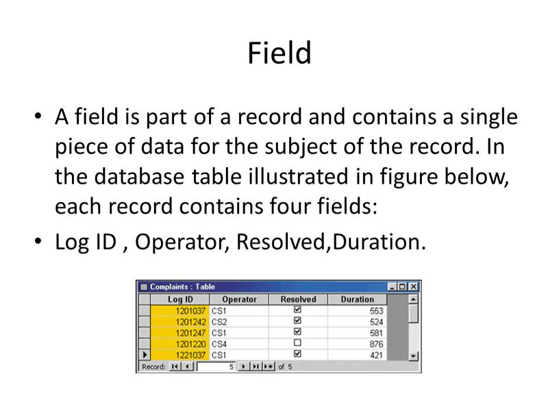 Field A field is part of a record and contains a single piece of data for the subject of the record