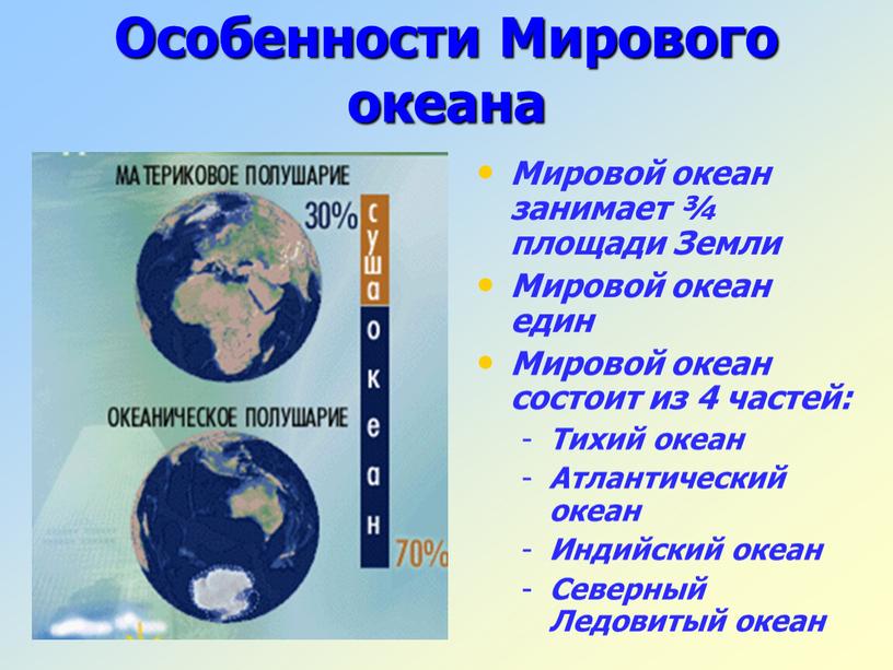 Особенности Мирового океана Мировой океан занимает ¾ площади