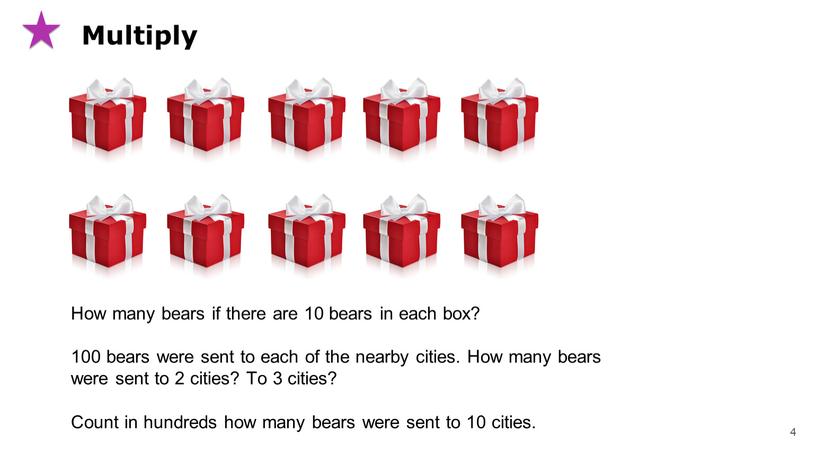 Multiply How many bears if there are 10 bears in each box? 100 bears were sent to each of the nearby cities