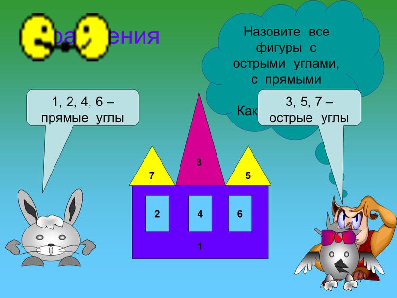 Упражнения 1 5 7 3 2 4 6 Назовите все фигуры с острыми углами, с прямыми углами