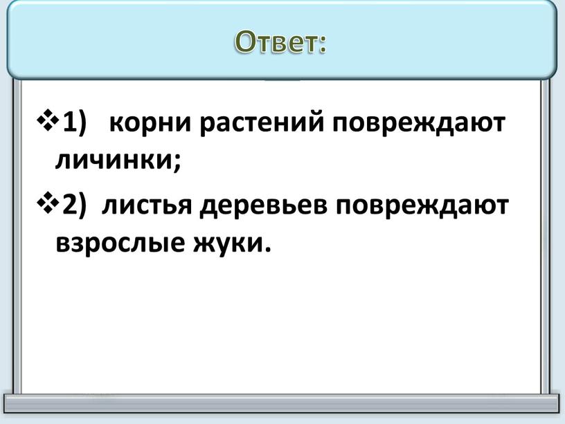 Ответ: 1) корни растений повреждают личинки; 2) листья деревьев повреждают взрослые жуки