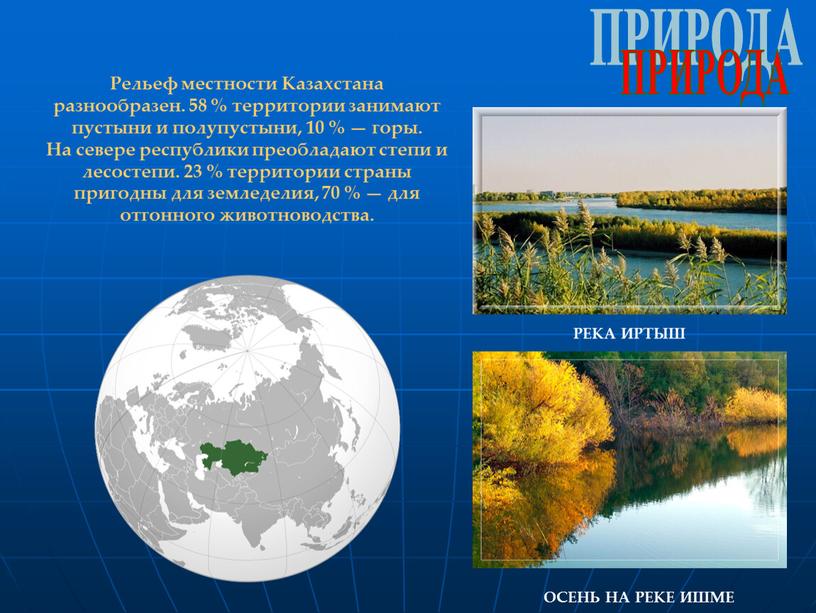 ПРИРОДА Рельеф местности Казахстана разнообразен