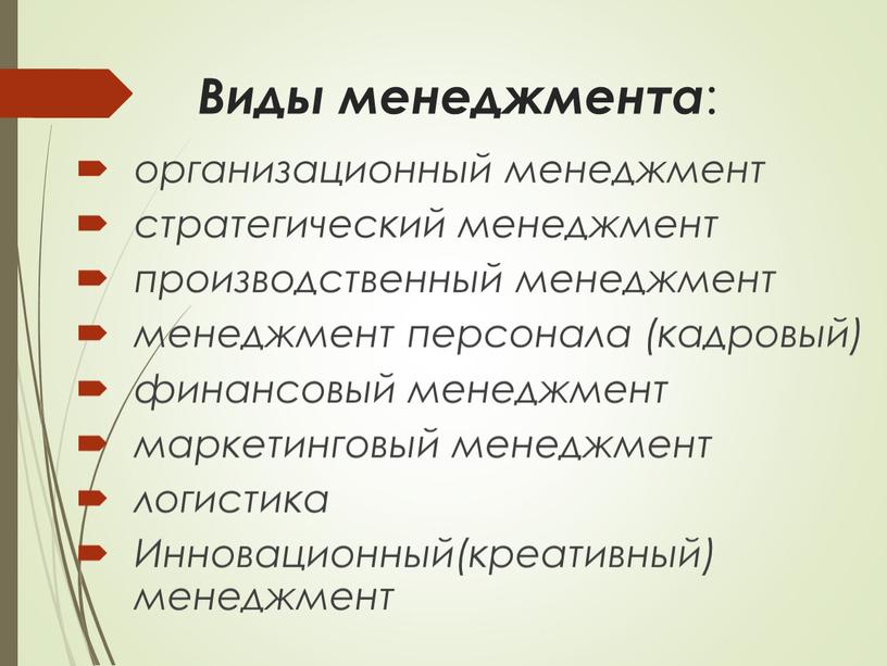 Виды менеджмента : организационный менеджмент стратегический менеджмент производственный менеджмент менеджмент персонала (кадровый) финансовый менеджмент маркетинговый менеджмент логистика