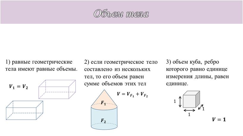 Объем тела Объем – это положительная величина, определенная для каждого из рассматриваемых тел, числовое значение которой имеет следующие свойства: 1) равные геометрические тела имеют равные…