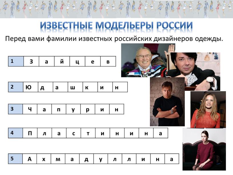 Известные модельеры России Перед вами фамилии известных российских дизайнеров одежды