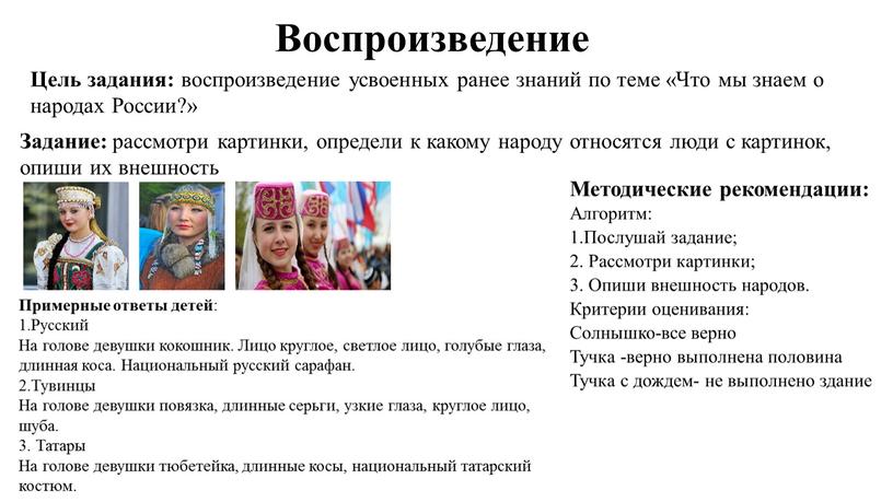 Цель задания: воспроизведение усвоенных ранее знаний по теме «Что мы знаем о народах