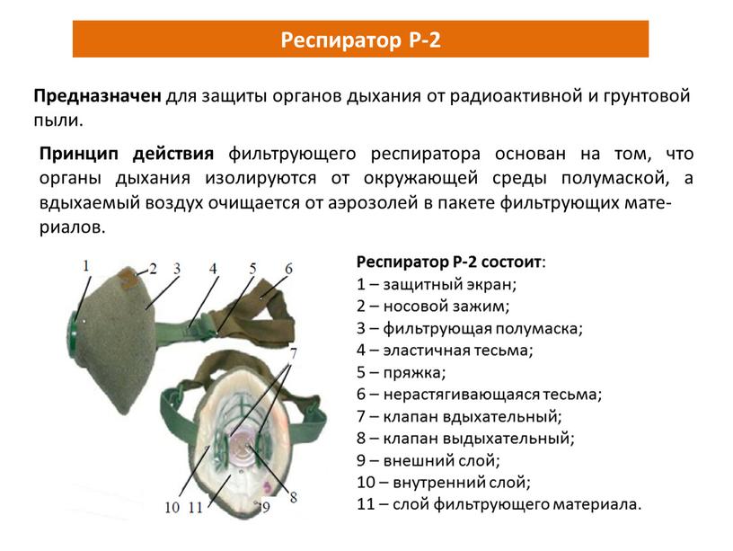 Респиратор Р-2 Предназначен для защиты органов дыхания от радиоактивной и грунтовой пыли