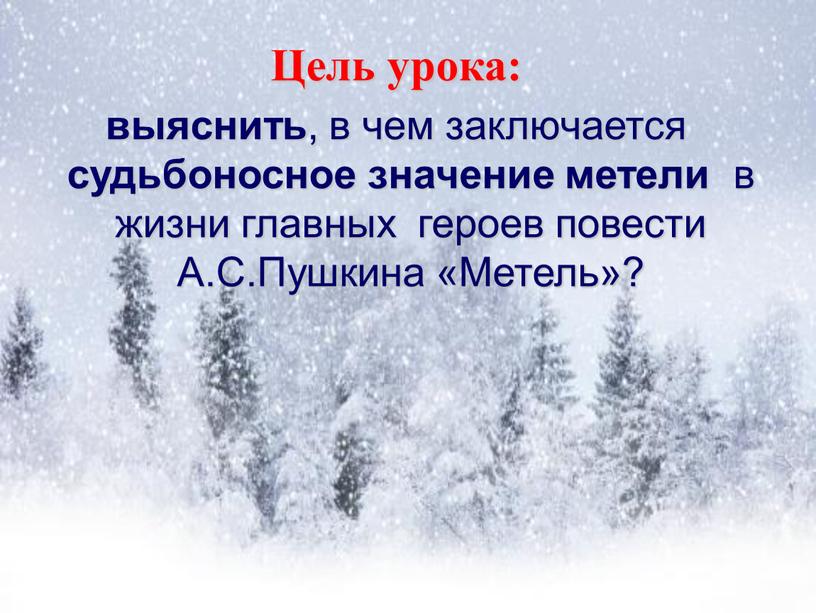 Цель урока: выяснить , в чем заключается судьбоносное значение метели в жизни главных героев повести