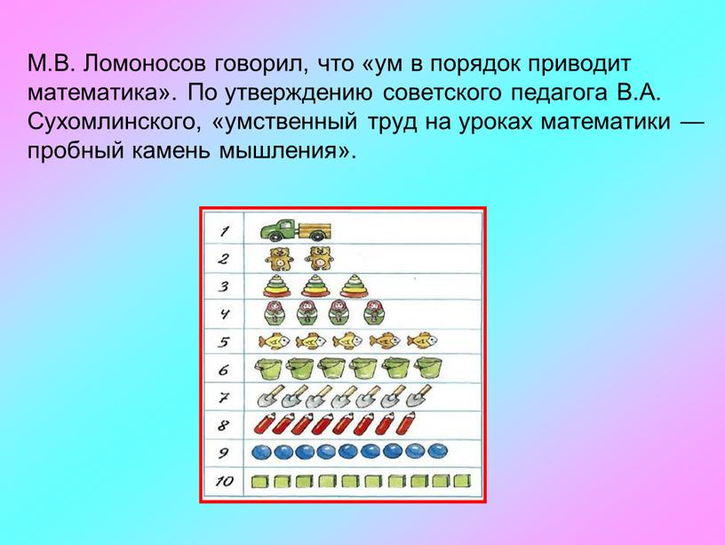 М.В. Ломоносов говорил, что «ум в порядок приводит математика»