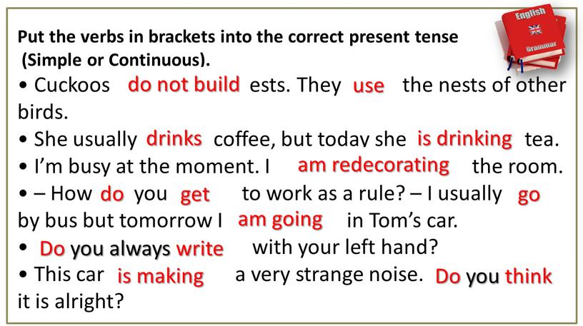 Put the verbs in brackets into the correct present tense (Simple or