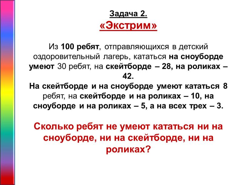 Задача 2. «Экстрим» Из 100 ребят , отправляющихся в детский оздоровительный лагерь, кататься на сноуборде умеют 30 ребят, на скейтборде – 28, на роликах –…