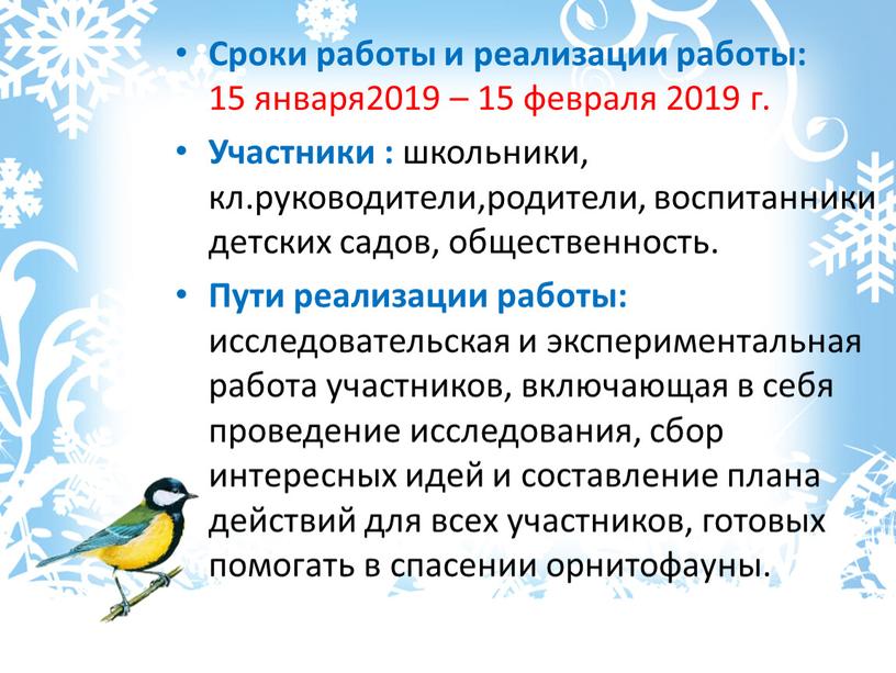 Сроки работы и реализации работы: 15 января2019 – 15 февраля 2019 г