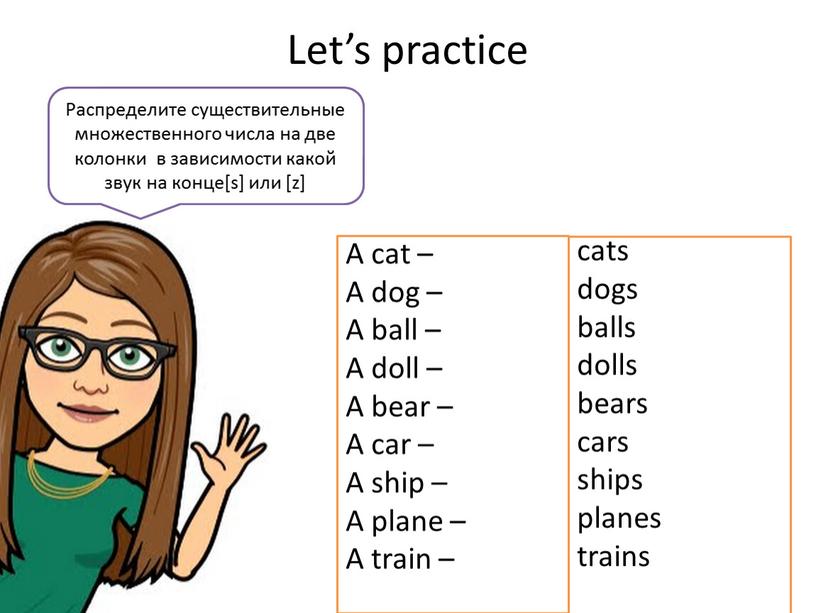 Let’s practice поставь существительные во множественное число и прочитай их вслух!