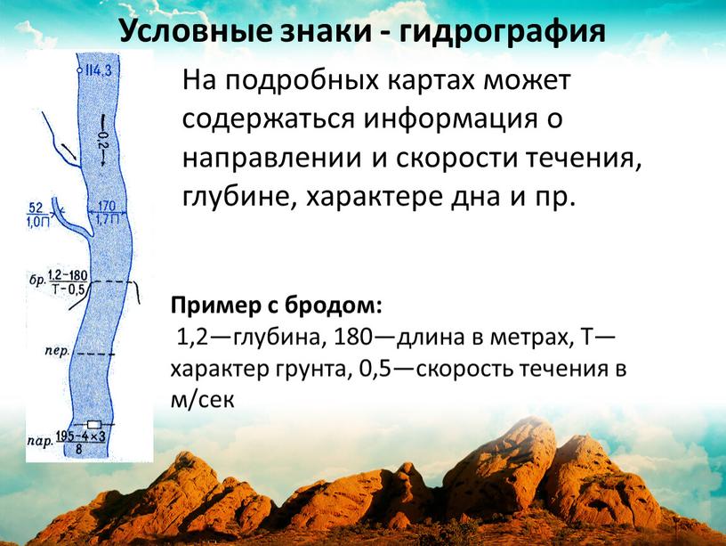 Условные знаки - гидрография Пример с бродом: 1,2—глубина, 180—длина в метрах,