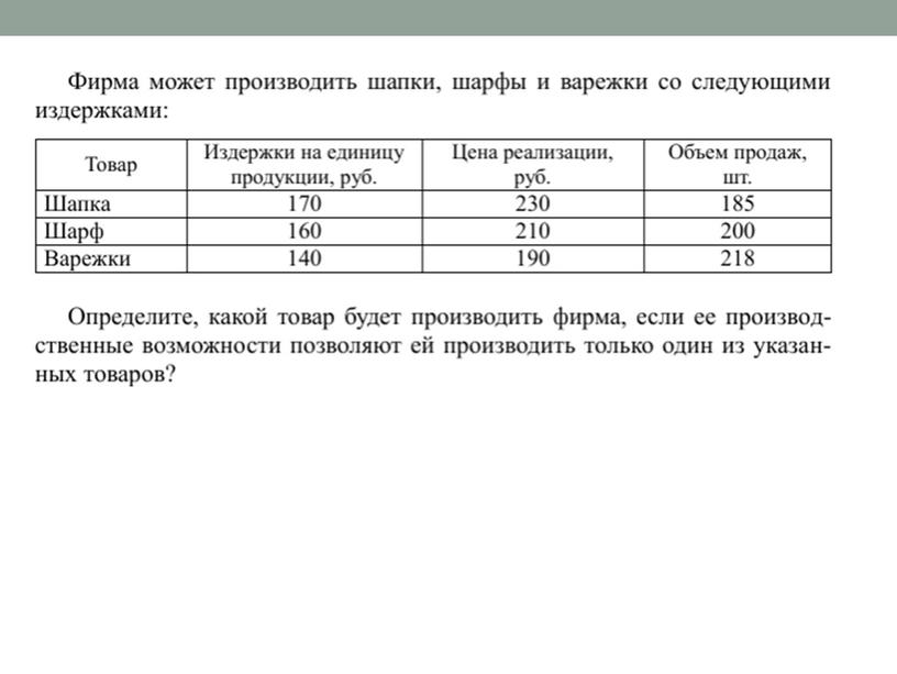 Экономика. практическое задание по теме: "Затраты"