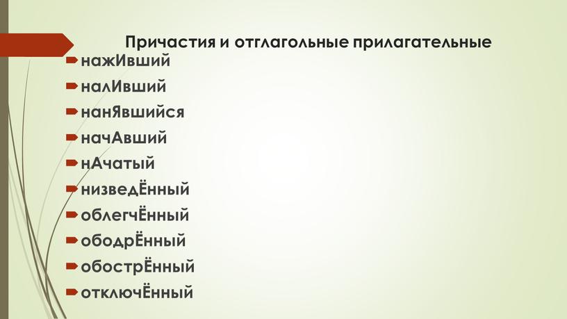 Причастия и отглагольные прилагательные нажИвший налИвший нанЯвшийся начАвший нАчатый низведЁнный облегчЁнный ободрЁнный обострЁнный отключЁнный