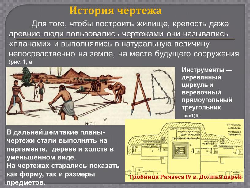 Для того, чтобы построить жилище, крепость даже древние люди пользовались чертежами они назывались «планами» и выполнялись в натуральную величину непосредственно на земле, на месте будущего…