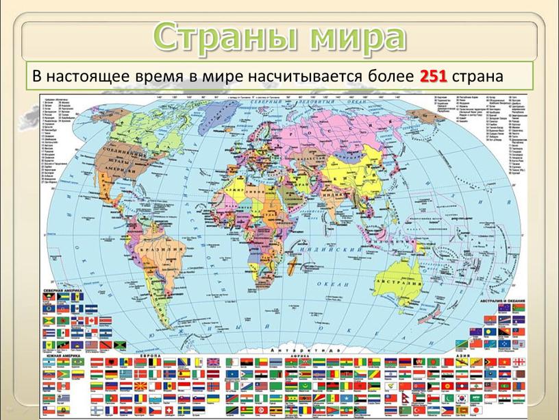 Страны мира В настоящее время в мире насчитывается более 251 страна