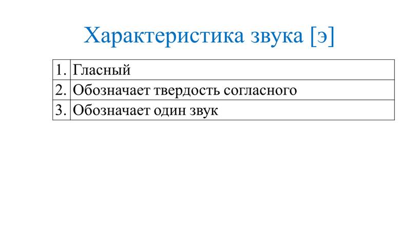 Характеристика звука [э] 1. Гласный 2