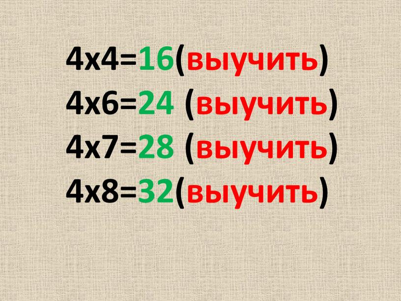 4х4=16(выучить) 4х6=24 (выучить) 4х7=28 (выучить) 4х8=32(выучить)