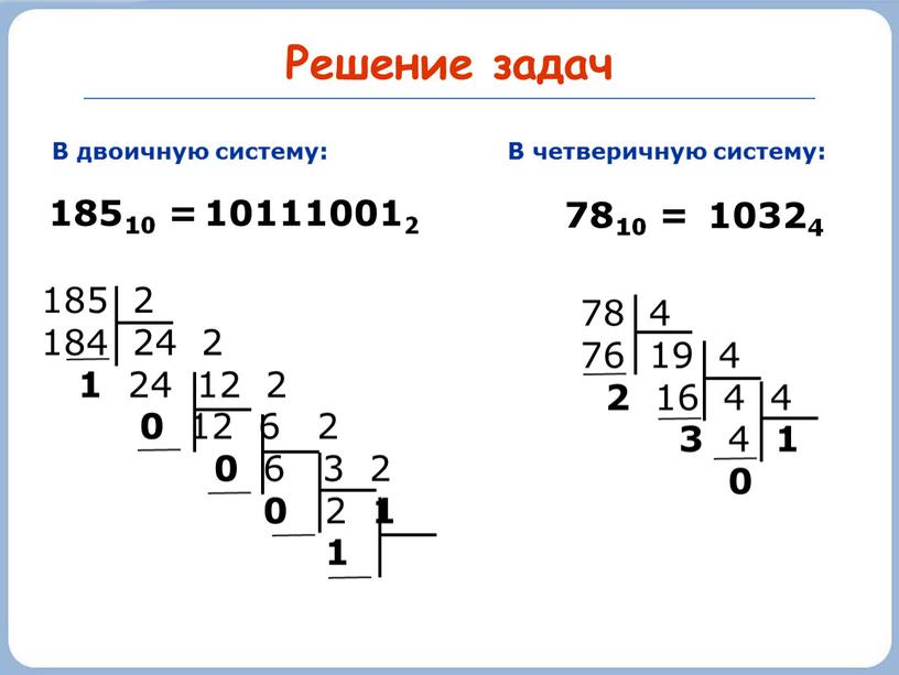 Решение задач В двоичную систему: 18510 =