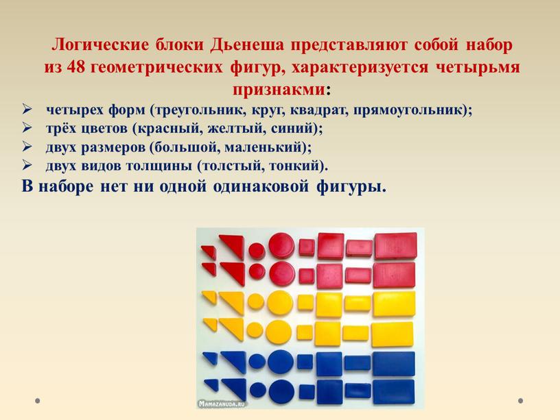 Логические блоки Дьенеша представляют собой набор из 48 геометрических фигур, характеризуется четырьмя признакми: четырех форм (треугольник, круг, квадрат, прямоугольник); трёх цветов (красный, желтый, синий); двух…