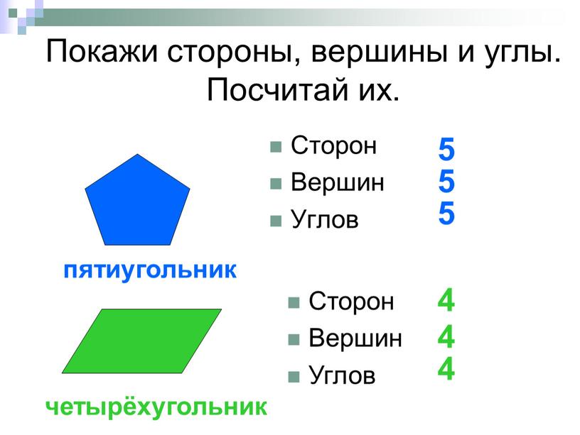 Покажи стороны, вершины и углы