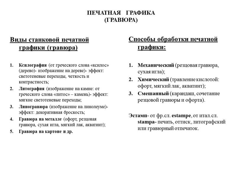 ПЕЧАТНАЯ ГРАФИКА (ГРАВЮРА) Виды станковой печатной графики (гравюра)