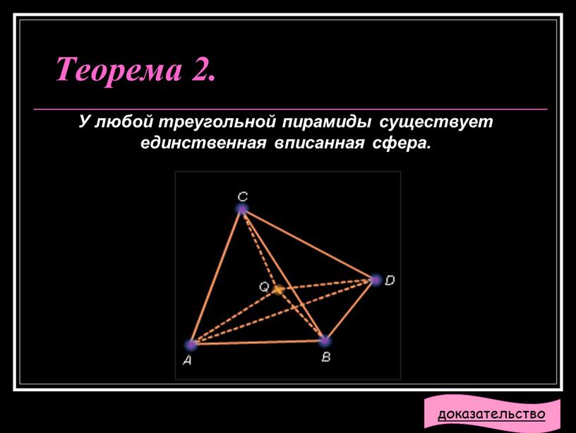 Теорема 2. У любой треугольной пирамиды существует единственная вписанная сфера