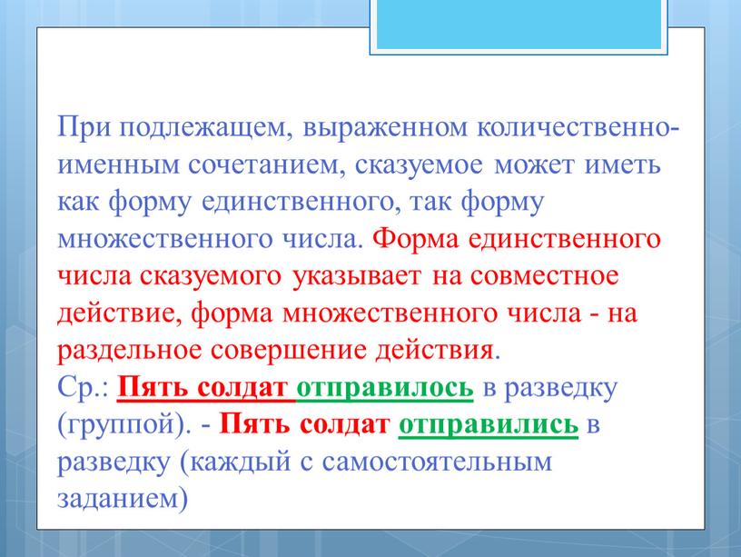 При подлежащем, выраженном количественно-именным сочетанием, сказуемое может иметь как форму единственного, так форму множественного числа