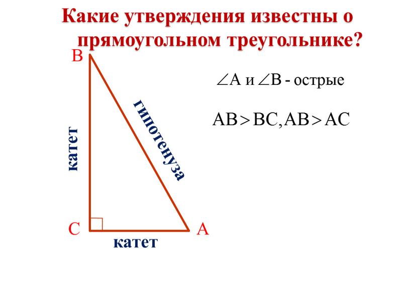 Какие утверждения известны о прямоугольном треугольнике?