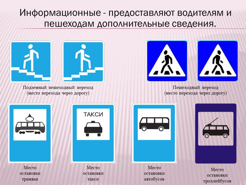 Информационные - предоставляют водителям и пешеходам дополнительные сведения