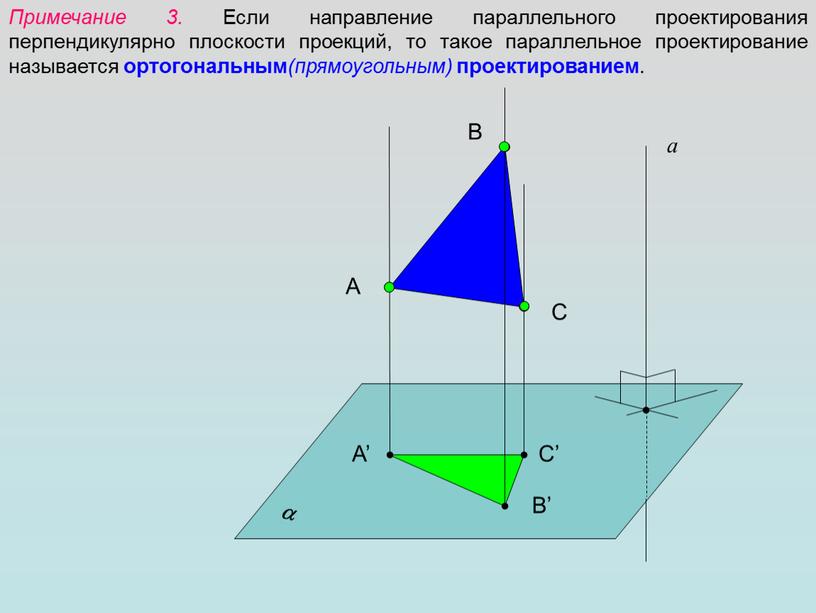 Примечание 3. Если направление параллельного проектирования перпендикулярно плоскости проекций, то такое параллельное проектирование называется ортогональным (прямоугольным) проектированием