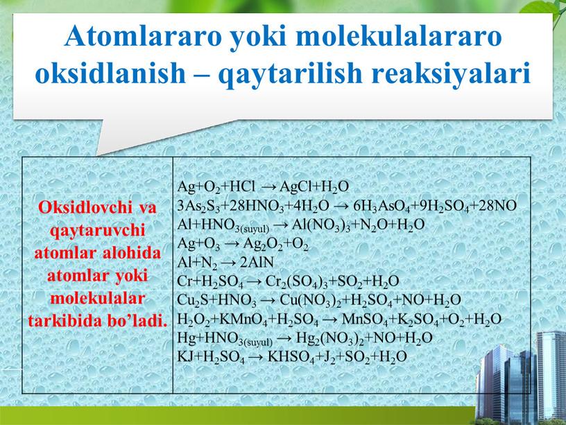 Oksidlovchi va qaytaruvchi atomlar alohida atomlar yoki molekulalar tarkibida bo’ladi