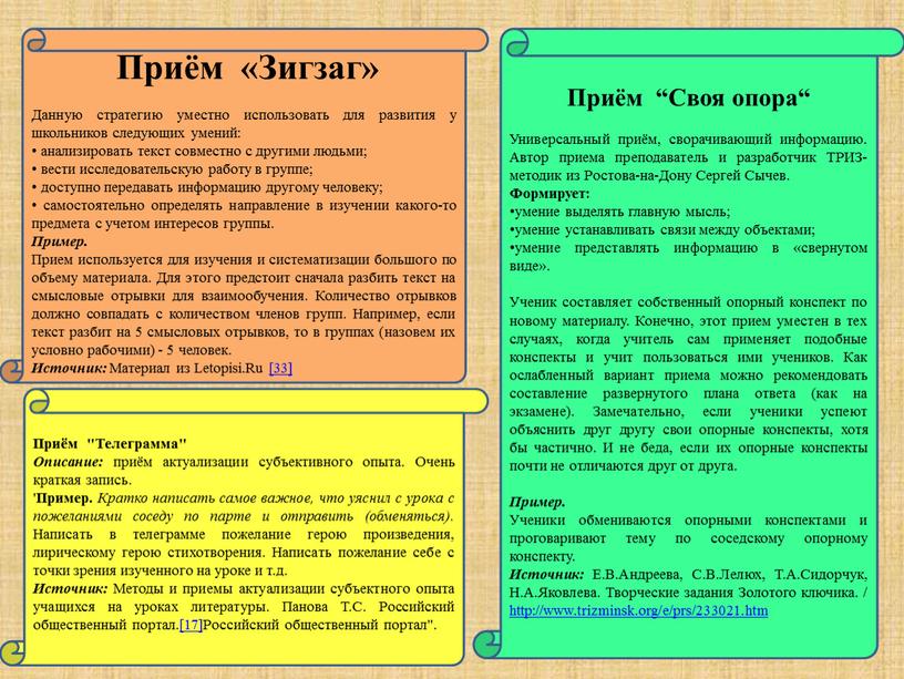 Приём «Зигзаг» Данную стратегию уместно использовать для развития у школьников следующих умений: • анализировать текст совместно с другими людьми; • вести исследовательскую работу в группе;…