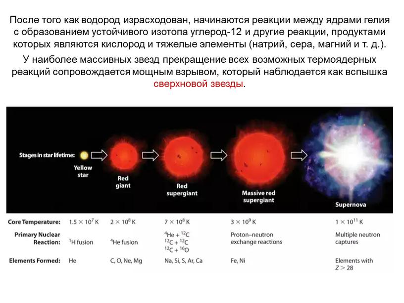 После того как водород израсходован, начинаются реакции между ядрами гелия с образованием устойчивого изотопа углерод-12 и другие реакции, продуктами которых являются кислород и тяжелые элементы…