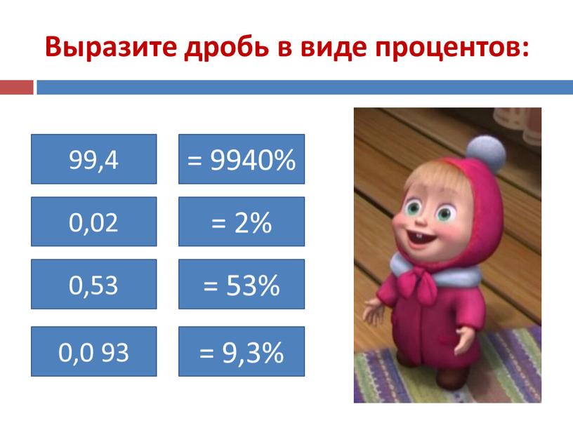 Выразите дробь в виде процентов: 99,4 = 9940% 0,02 0,53 0,0 93 = 2% = 53% = 9,3%