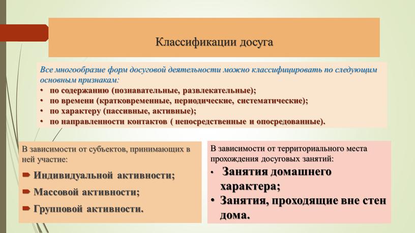 Классификации досуга В зависимости от субъектов, принимающих в ней участие: